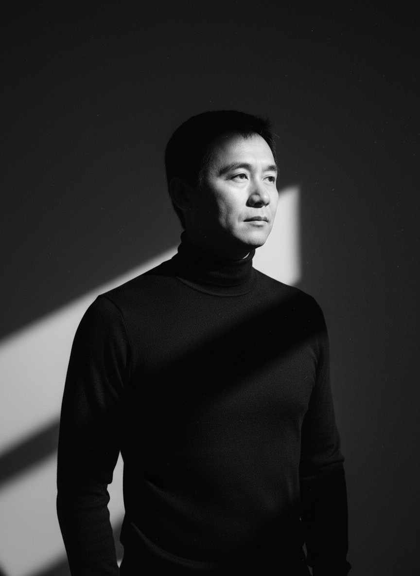 Tony 半身像：黑白肖像，侧身望向光的方向